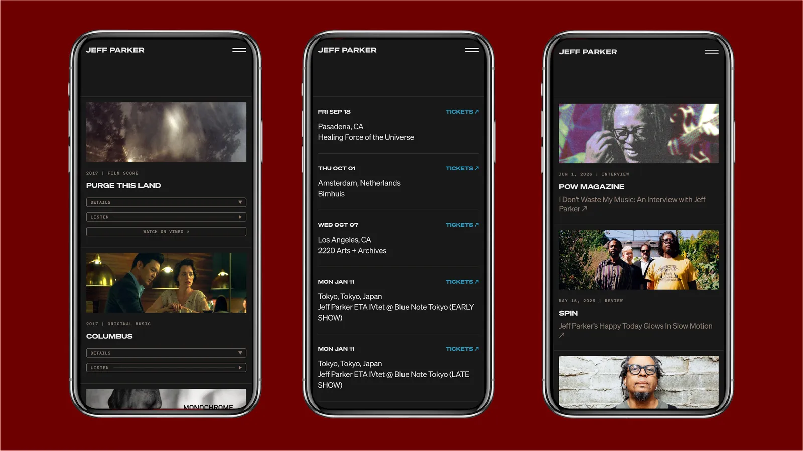 Three views of Jeff's site on mobile screens