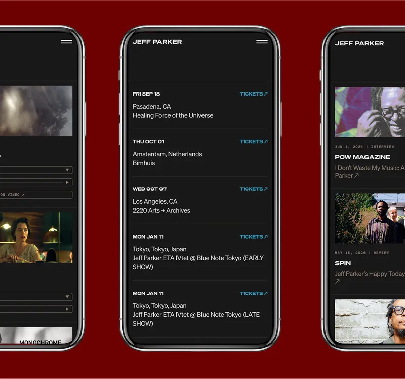 Three views of Jeff's site on mobile screens