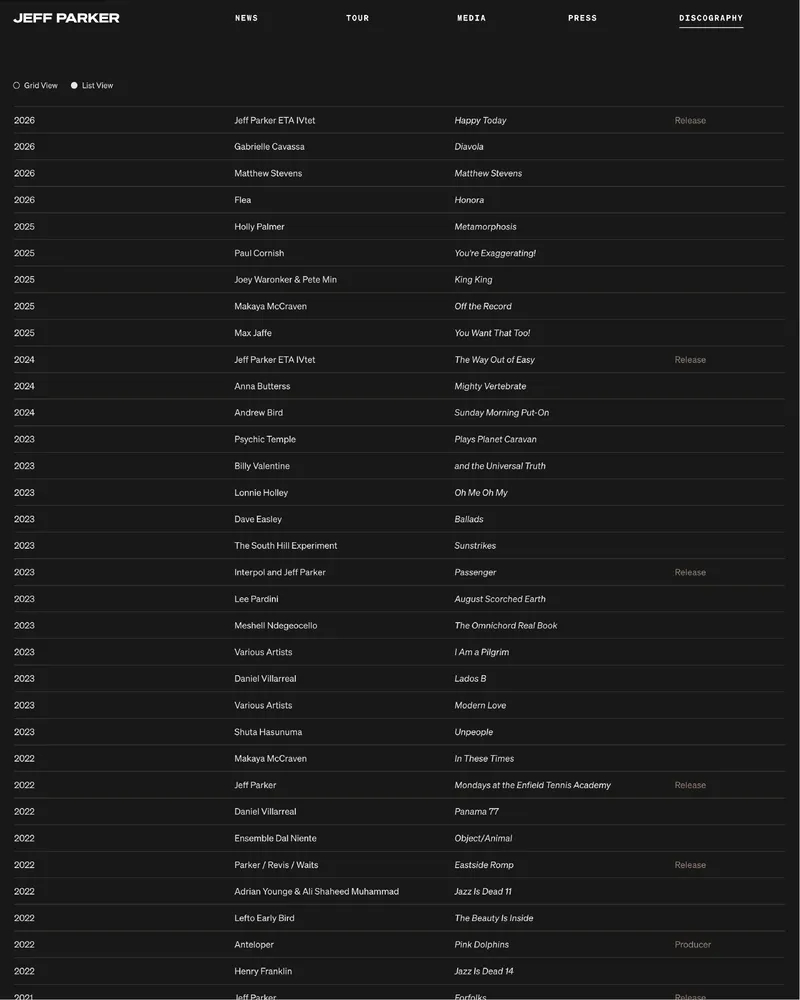 A list view of Jeff Parker's discography page on his website