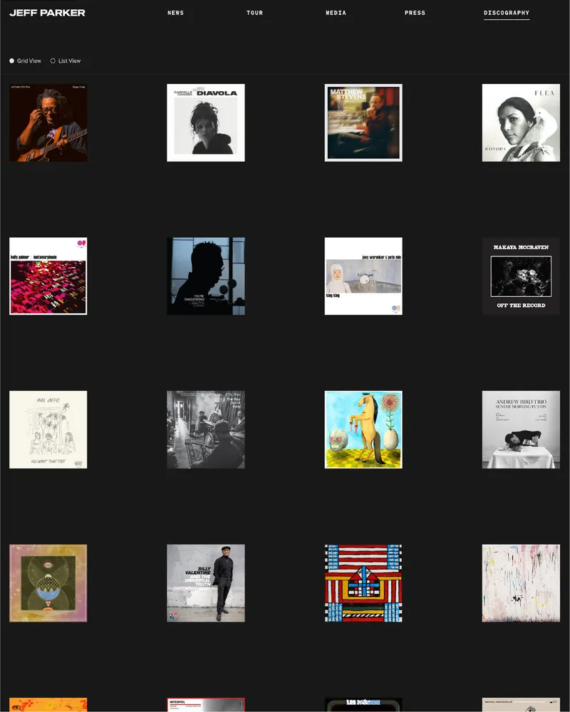 A grid-of-images view of Jeff Parker's discography page on his website